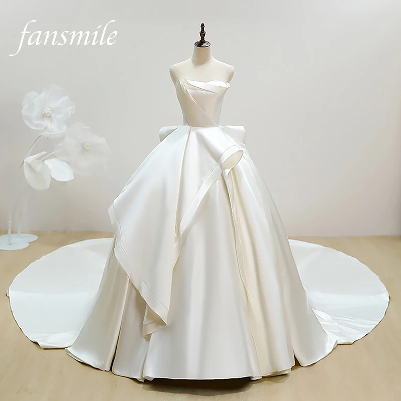 

Fansmile 2020 Robe De Mariage Lustrous Satin Ball Gown Wedding Dresses Vestido De Noiva Plus Size Custom Wedding Gowns FSM-153T