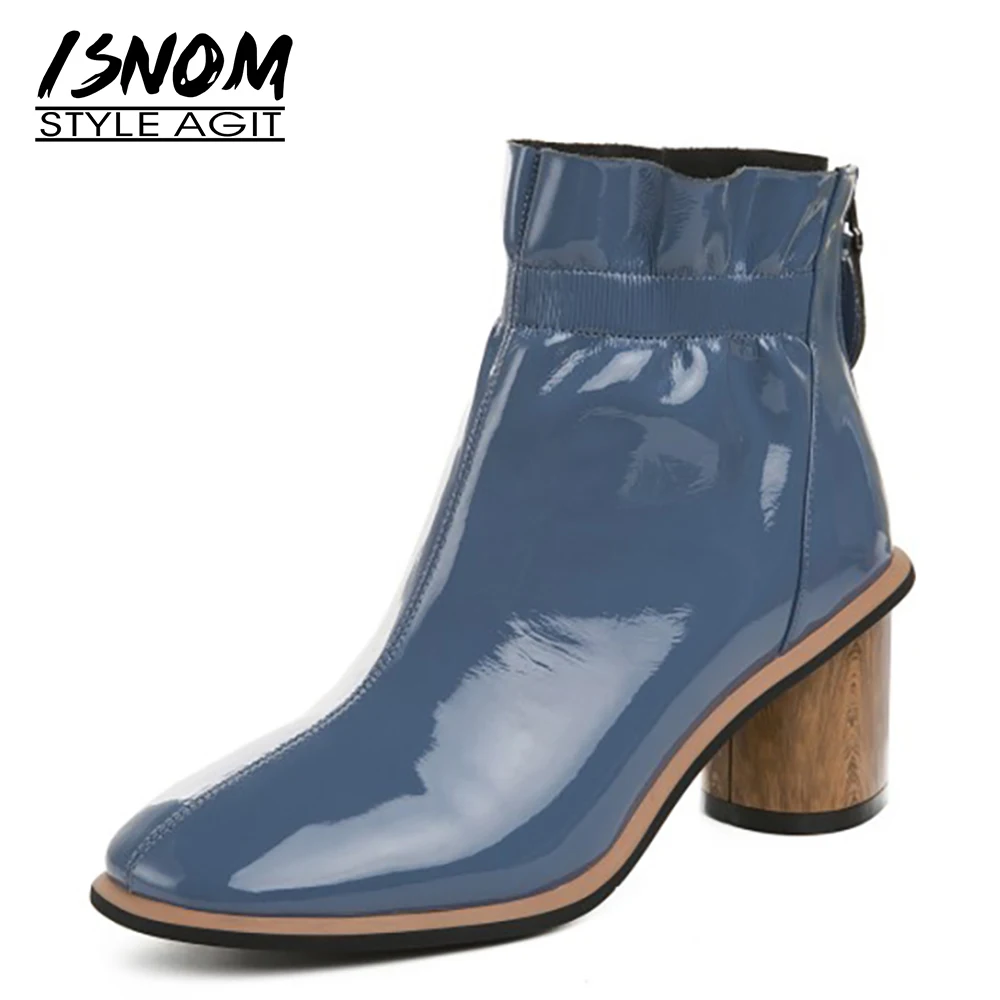 

ISNOM Patent Cow Leather Ankle Boots Woman Round Heels Booties Square Toe Thick High Heel Ladies Boot Women Shoes New