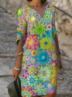 womens high waist design personalized casual fashion v neck personality print loose dress bohemian sundress summer