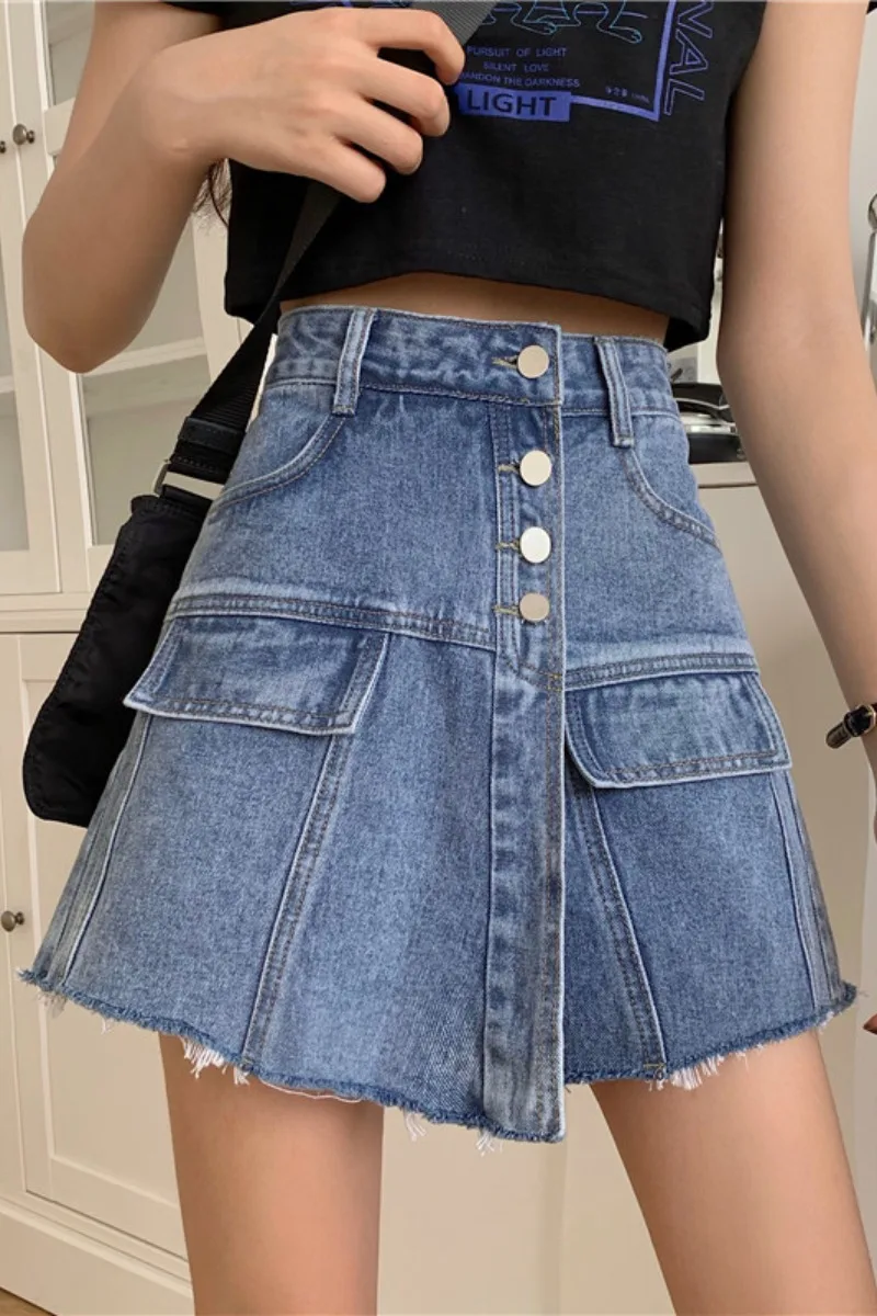 

Spring 2021 new irregularly-breasted denim skirt pants high-waist Korean women's thin anti-empty short skirt