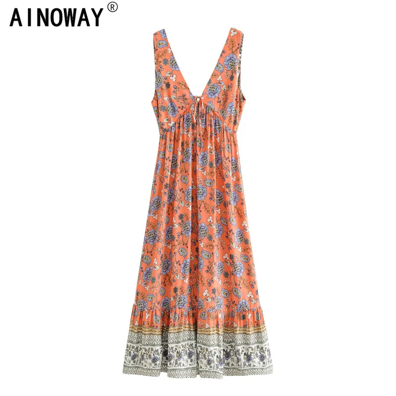 Платье женское винтажное в стиле бохо макси хлопковое с цветочным принтом без