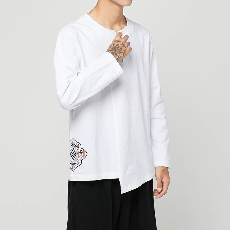 

Plus Size Men Chinese Shirts Breathable Long Sleeve Solid Color O-Neck Top Blouse Autumn Streetwear Irregular Lap Blouse Men