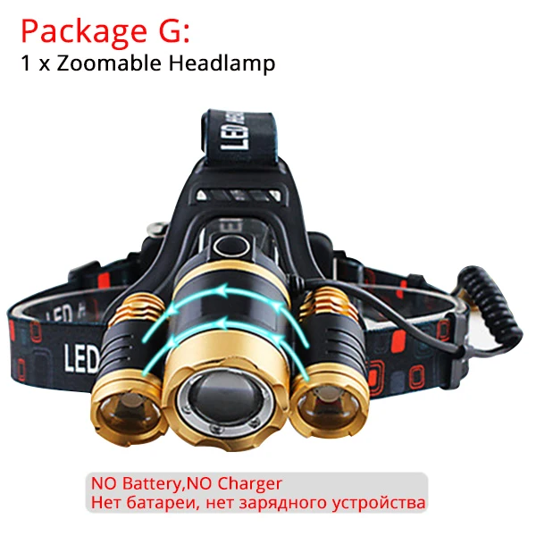 Package G Светодиодный налобный фонарь налобный светильник T6 налобный светильник рыболовный светильник ing светильник фонарь Водонепроницаемый зум лампа 2x18650 - Испускаемый цвет: Package G