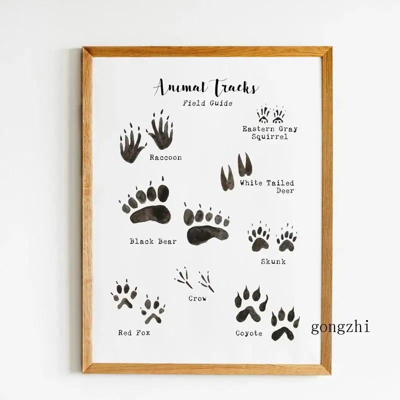Природный лес животные треки постер принты волк медведь лиса олень птица следы