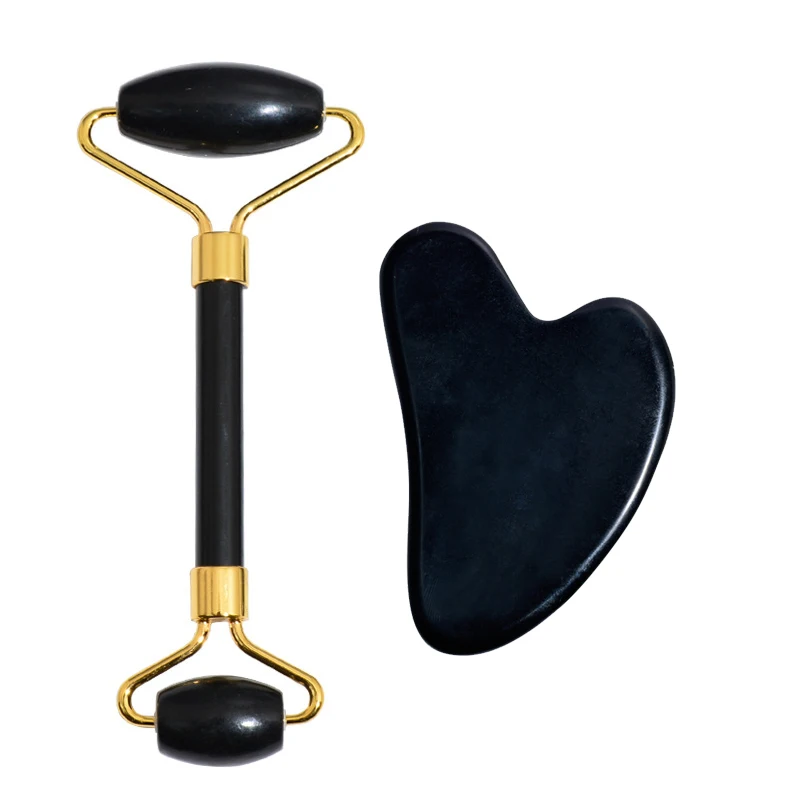 

Natural Black Obsidian Face Jade Massage Roller Face Massager Gouache Scraper Gua Sha Massage Tool Set Jade Roller Gouache