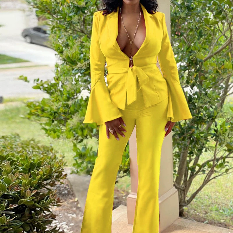 

Women Blazer and Wide Leg Pants Two Pieces Fashion Flare Sleeve OL Jacket Solid Color Formal Suit Autumn Winter New Office Sets