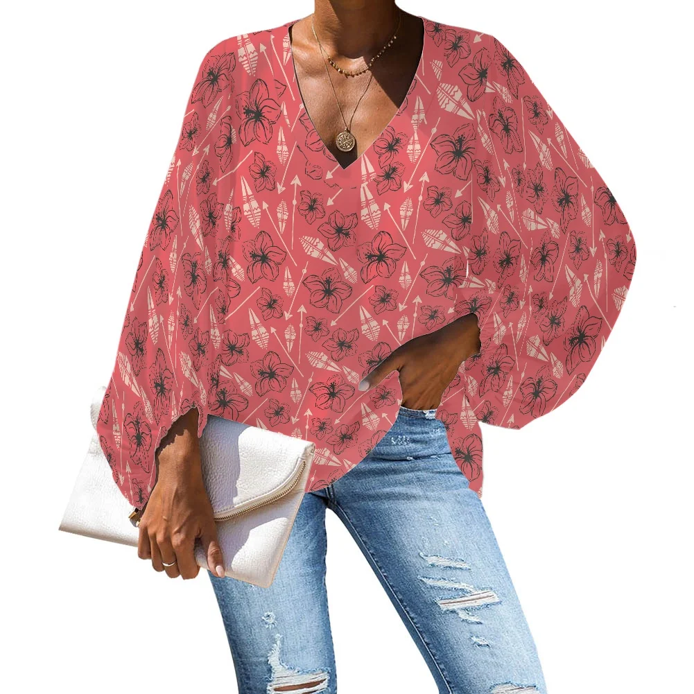 

Polynesian Traditional Tribal Art Feather Print Fashionable Hawaiian Women Long Sleeve Chiffon Soft Polyester Blouses Wholesale