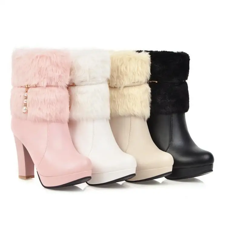 

New winter boots Coarse heel super high 10cm comfortable metal decorative pu leather round head fashion plush warm women's shoes