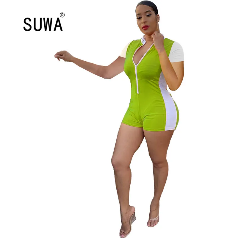 

trendy contrast color patchwork skinng women's short jumpsuit hot sale summer streetwear casual short sleeve female playsuit