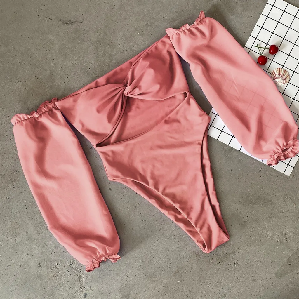 Купальник 2020 сексуальный сдельный для женщин Одноцветный с длинным рукавом в