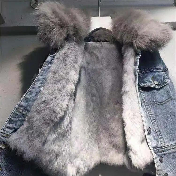 Зимнее теплое пальто с лисьим мехом воротник из натурального меха+ подкладка из натурального меха кролика джинсовая Меховая куртка женская меховая парка в стиле ретро меховая верхняя одежда QJ02