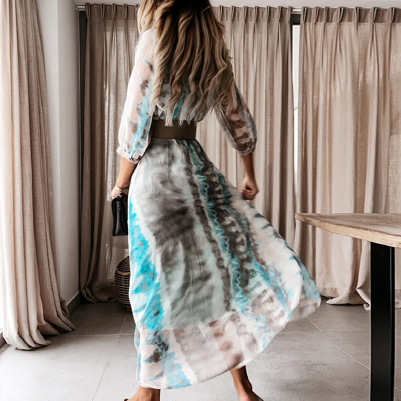 

Spring Tie-Dye Print V Neck Long Chiffon Dress Women 2021 New Irregular Party Dress Female Elegant A Line Beach Holiday Vestidos