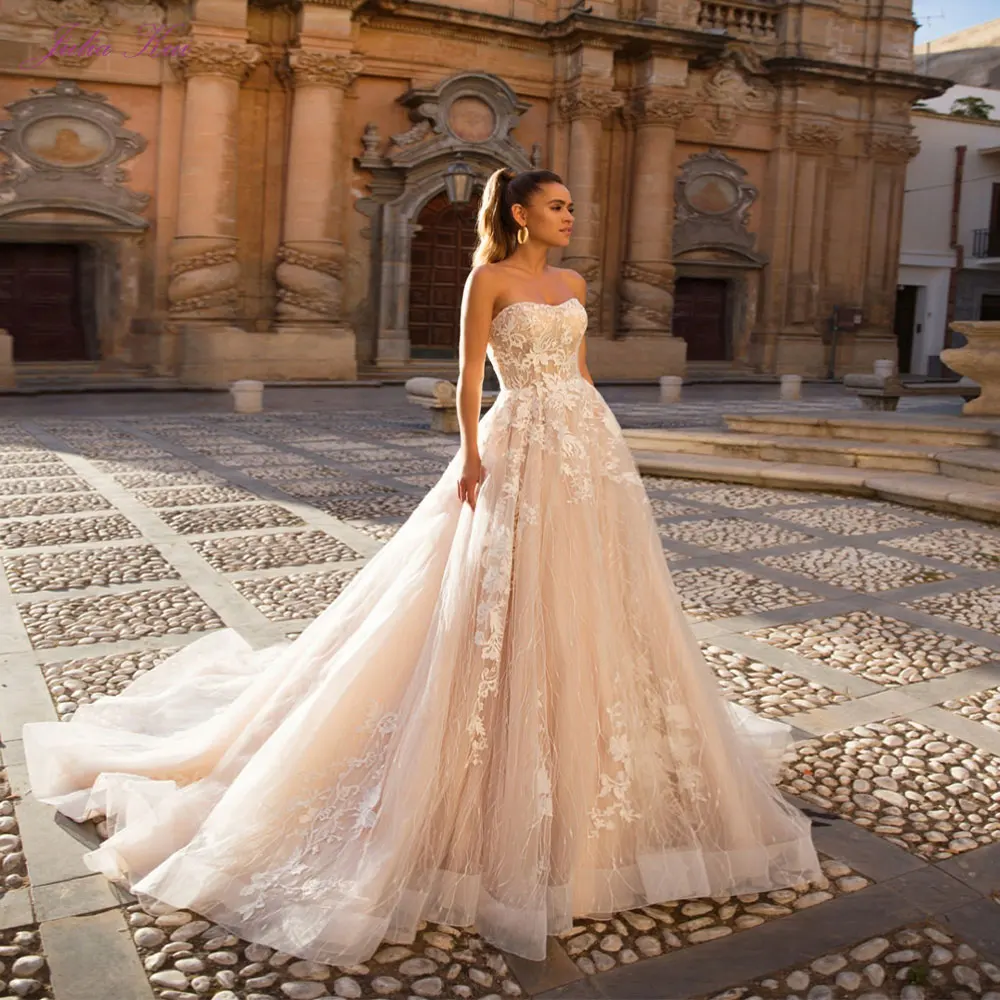 

Julia Kui A Line Wedding Dresses Strapless Of Nude Fashion With Gorgeous Lace Chapel Train Wedding Gown