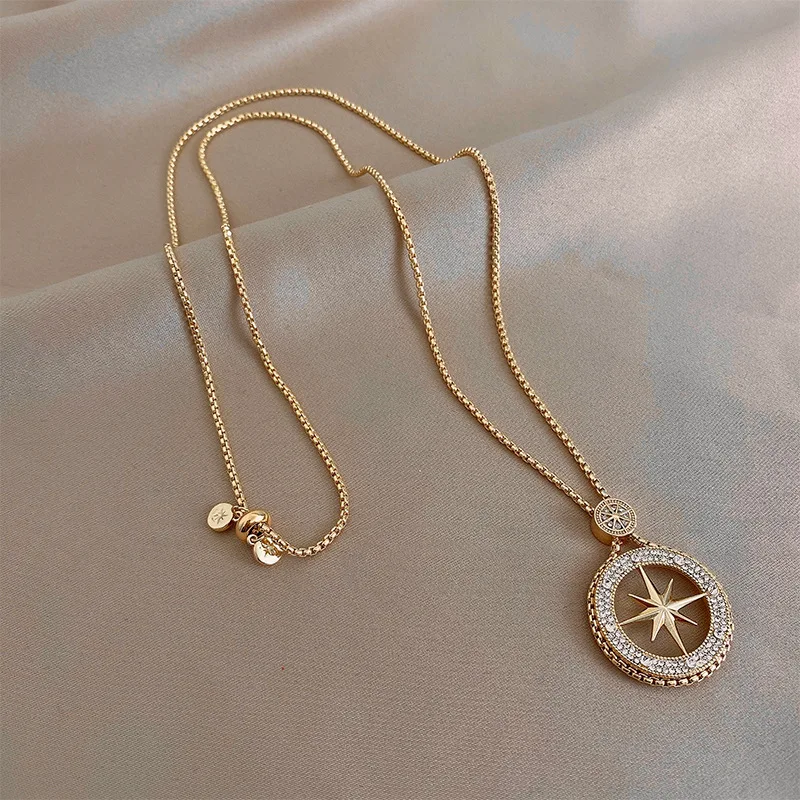 Dainty Zircon North Star Necklaces Women Hip Hop Jewelry Gold Round Eight Pointed Charms Necklace Fashion Party Chains Gift | Украшения и