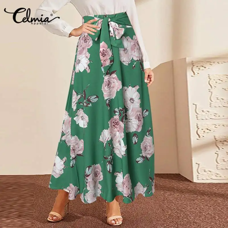 

Celmia Elegant Women Flower Print Maxi Skirts Summer Casual High Waist Bandage A-line Holiday Skirt Bohemian Bottoms
