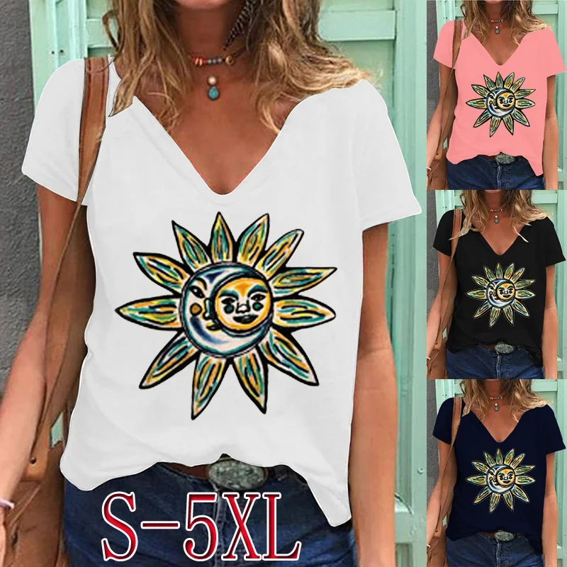 

Women's New Summer Fashion Casual SUN Printed T-shirt Loose Short Sleeve Deep V-neck Tee Solid Color Pullover Blouse Tops