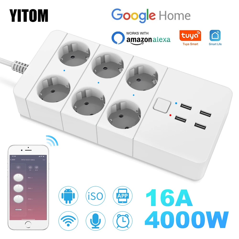 Smart Wifi Power Strip 3/4/6 EU  4USB Charging Port Timing with5V3.1A.Bluetooth Control Alexa Google Home Assistant