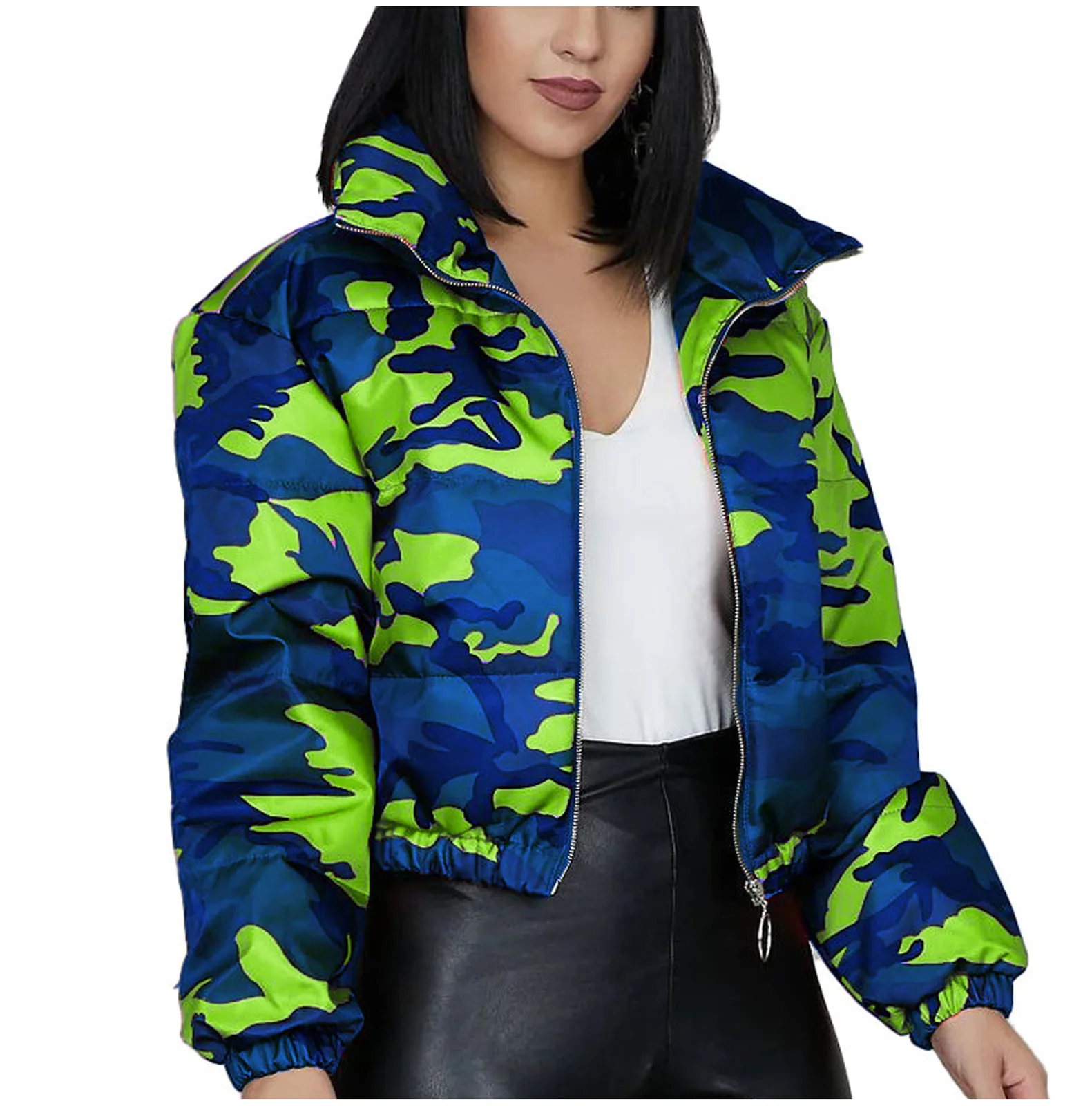 

Women Long Sleeve Glossy Camouflage Short Length Casual Coat Women Winter Thick Jacket Bread Down Jacket Zipper Pockets Coat