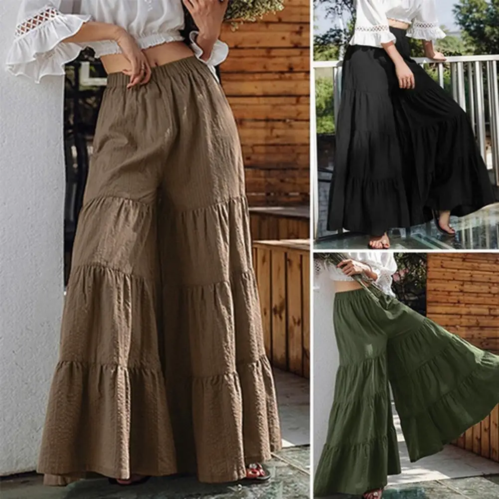 

Casual Ruffle Loose Pants Women Plus Size Solid Folds Mujer Wide Leg Pants Bell Bottom Beach Summmer Pants