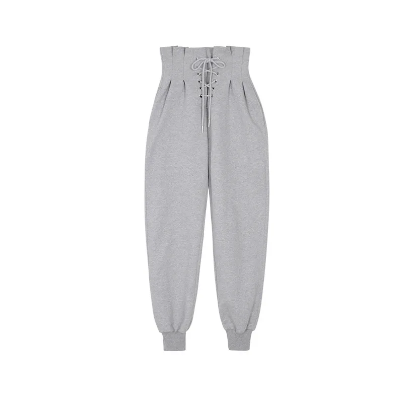 

[DEAT] High Elastic Waist Gray Ruched Drawstring Harem Trousers New Loose Fit Pants Women Fashion Spring Autumn 2021 3D01655