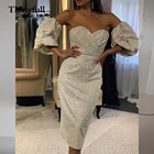 Современные Блестящие Свадебные платья до середины икры с коротким рукавом, пляжные свадебные платья в стиле бохо для невесты, свадебное платье, платье