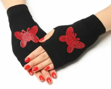 Женские вязаные перчатки без пальцев, дамские перчатки осень-зима, стразы, Зимняя перчатка в заклепках, цветочный принт, перчатки для вождения R295 - Цвет: red butterfly