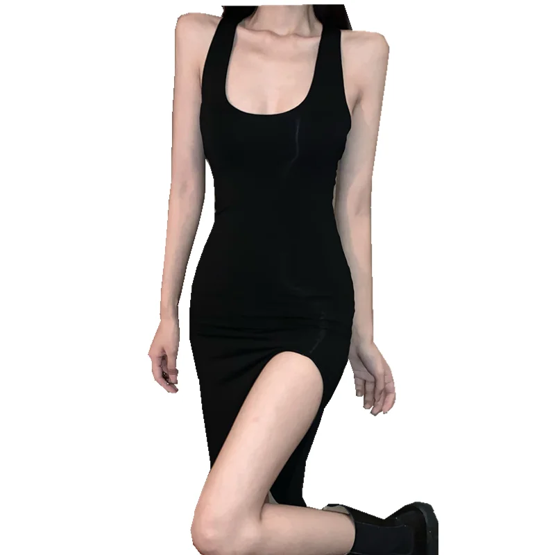 

2021spring and Summer New Women's Mid-Length round Neck I-Shaped Backless Sexy Sheath Split Midi Dress