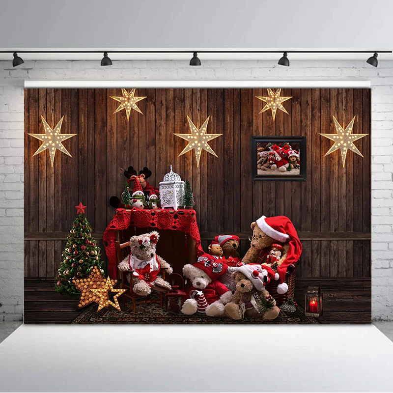 Рождественский милый фон с медведем золотыми звездами деревенский деревянный