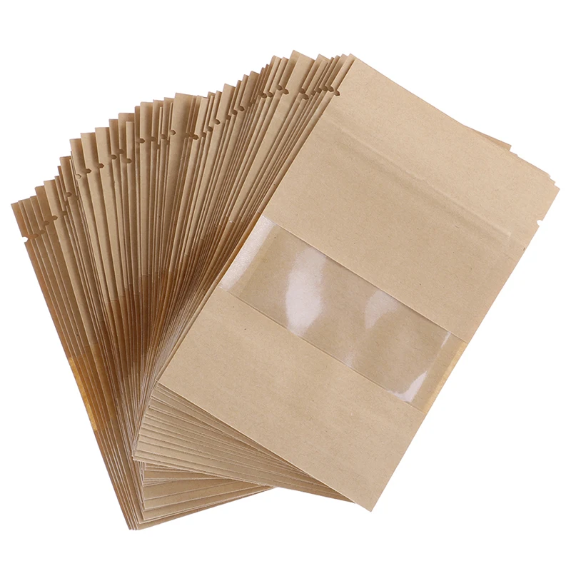 

50pcs Zipper Grip Seal Packaging Brown Stand Up Kraft Paper Zip Lock Bags With Clear Window,Reclosable Doypack Pouches