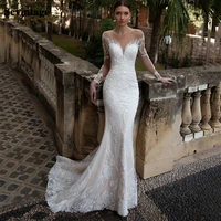 sevintage mermaid wedding dresses luxury full sleeves lace appliqued v neck illusion bridal gowns bride dress with botton 2021