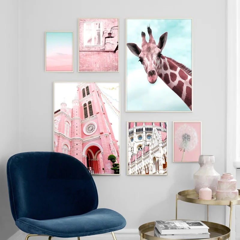 

Pink Landscape Sky Giraffe Dandelion Castle Nordic Poster Wall Art Print Canvas Painting Wall Pictures For Living Room Decor