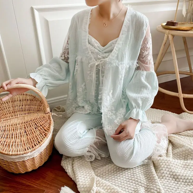 

Новинка Осень-зима 2020, комплект из четырех предметов с наружным ремешком, хлопковая кружевная Пижама для девушек, домашний сервис, комплект ...