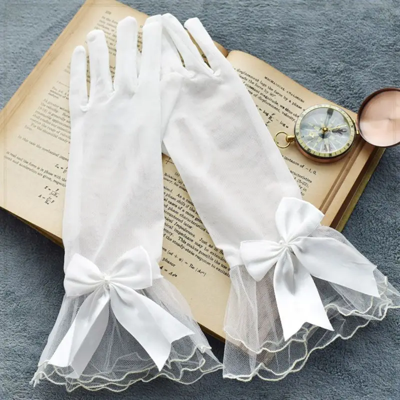 

Wedding Bridal Sheer Mesh Thin Short Gloves Faux Pearl Satin Bowknot Agaric Wavy Trim Ruffles Formal Party Mittens