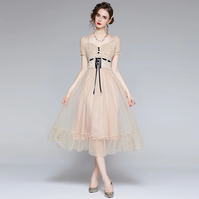 

JSXDHK 2021 Fashion Summer Mesh Polka Dot Dress Elegant Women Short Sleeve Tie Bow Square Collar Tulle High Waist Dress Female