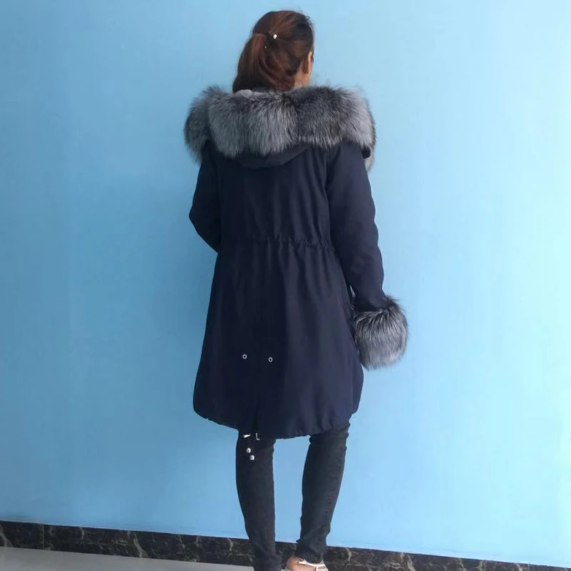 Женские зимние длинные парки куртка Лисий мех воротник съемный кролик подкладка