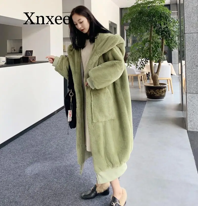 Oversize Winter Faux Fur Coat Women Parka Long  Faux Fur Jacket Coats Hoodies Loose Winter Outwear casaco feminino army green