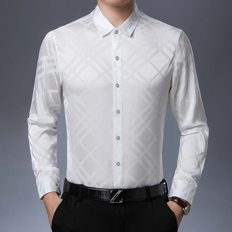 Мужская шелковая рубашка в полоску Повседневная Тонкая атласная с длинным