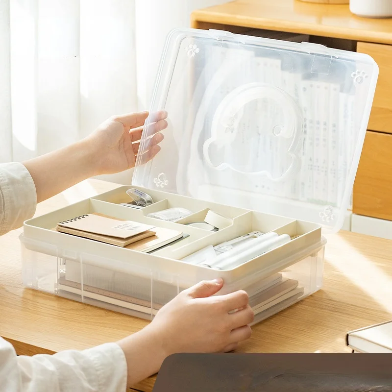 

Bear stationery storage box student desktop debris compartment double transparent plastic storage large capacity