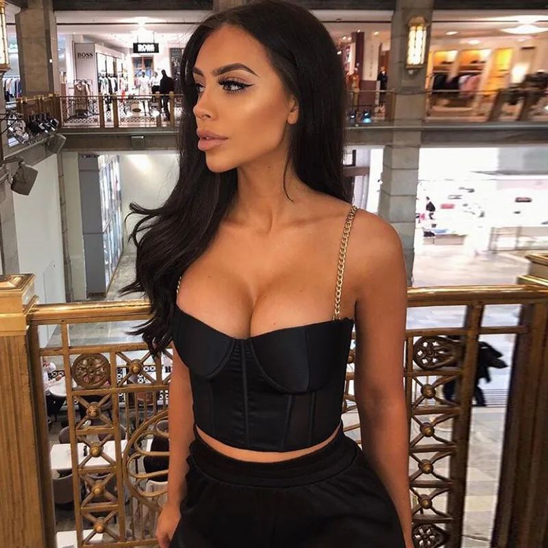 

Women Sexy Metal chain satin camisole Sling Gather Vest Wrap chest strapless Sexy navel vest Crop Tops short T-shirt Casual Tops