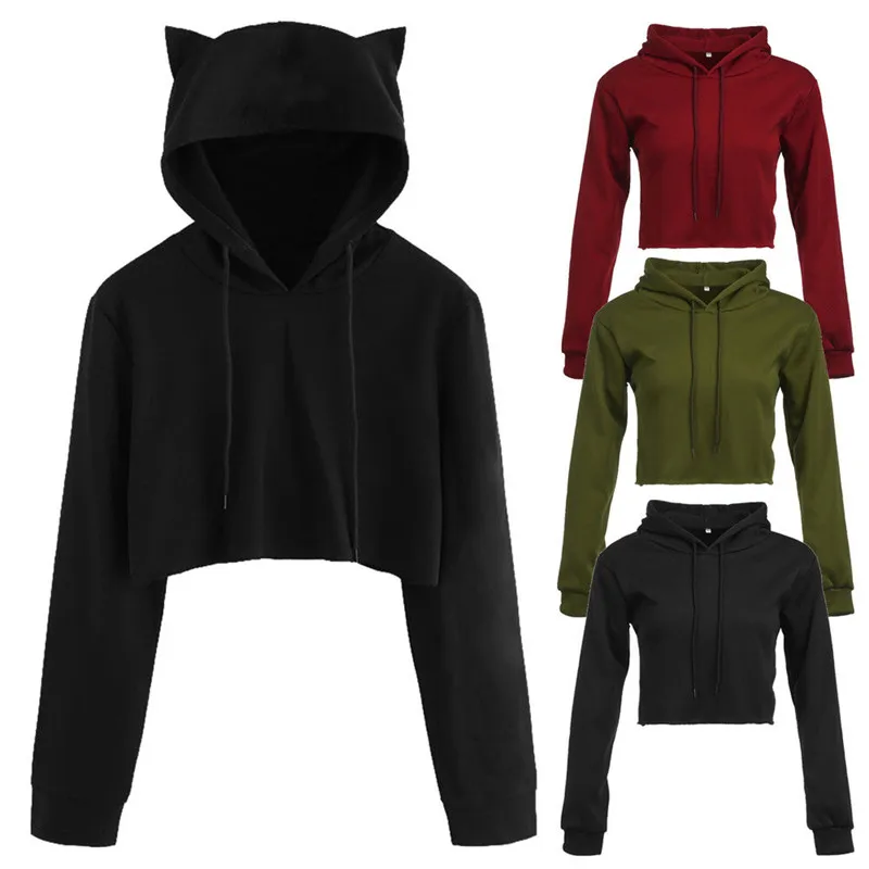 Women Cat Ear Hoodie sweatshirts Solid Spring Long sleeve Clothes Hoodded Pullover Short Top Female sweatshirts