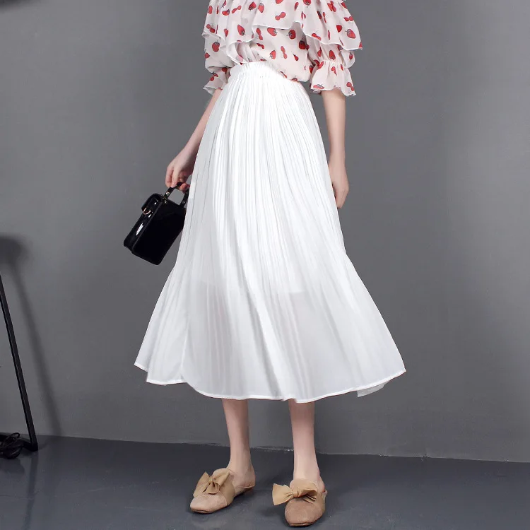 

2021 Summer New Pleated Chiffon Skirt Wome High Waist Thin Long Skirt Female Elegant White Fairy Skirts Women