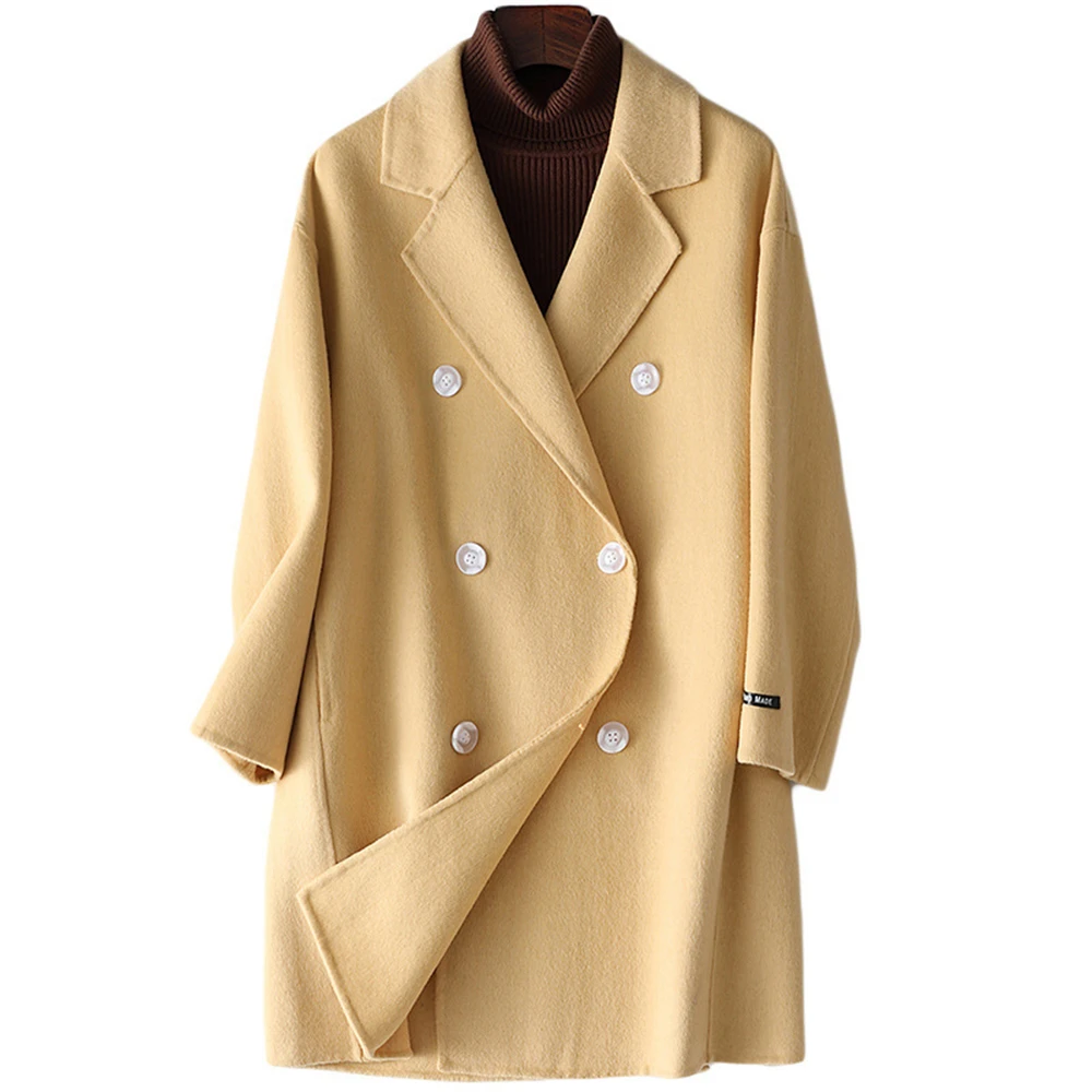 

New 2021 Autumn Winter Women's Wool Coats 100% Cashmere Female Overcoats Long Sleeve Double Breasted Trendy Lady Long Outerwear