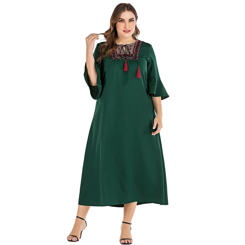 Женское этническое платье с вышивкой элегантное зеленое трапеция размера плюс