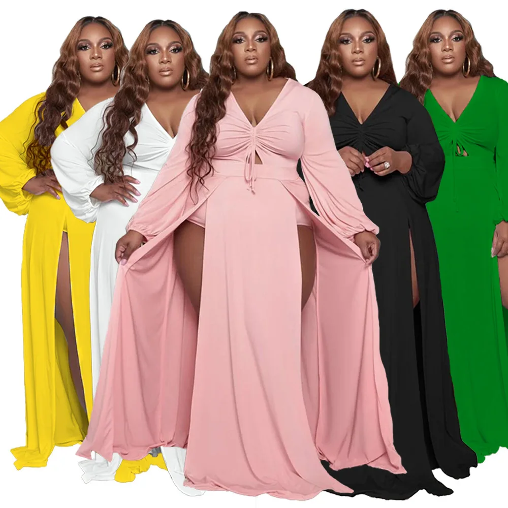 

Pop Sexy European And American Plus Size Explosive Pure Salad Rope Adjustment V Neck Slit Sexy Dress DHN001
