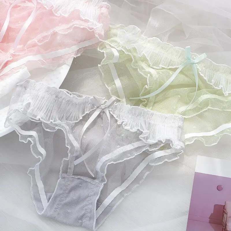 

Sweet Cute Panties Briefs Underwear Women Seamless Lingerie Low-rise Ruffles See Through Panties Pink Lolita Panty Underpants