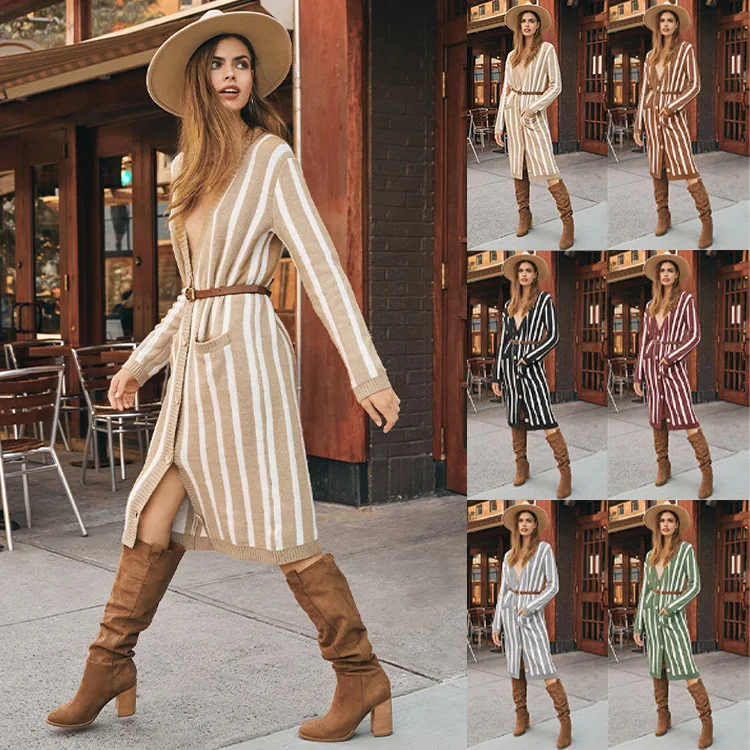 

2021 autumn and winter sweater women new large size loose striped color matching sweater cardigan women