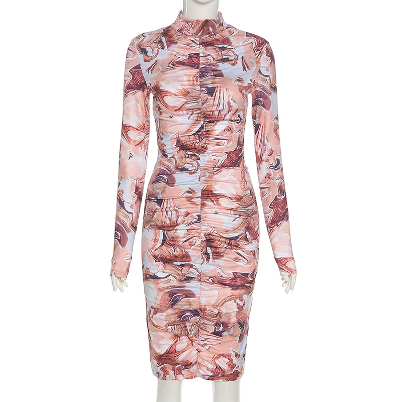 

BOOFEENAA Aesthetic Printed Turtleneck Long Sleeve Midi Dresses for Women Party Clubwear Sexy Ruched Bodycon Dress C83-CZ23