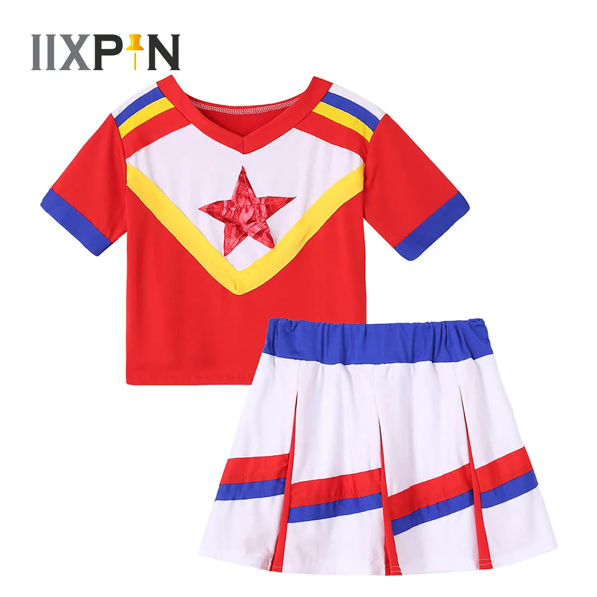 

Cheerleader Costume for Kids Girls Sport Dance Costume Star Applique Tops with Pleated Skirt Set School Cheerleading Uniforms