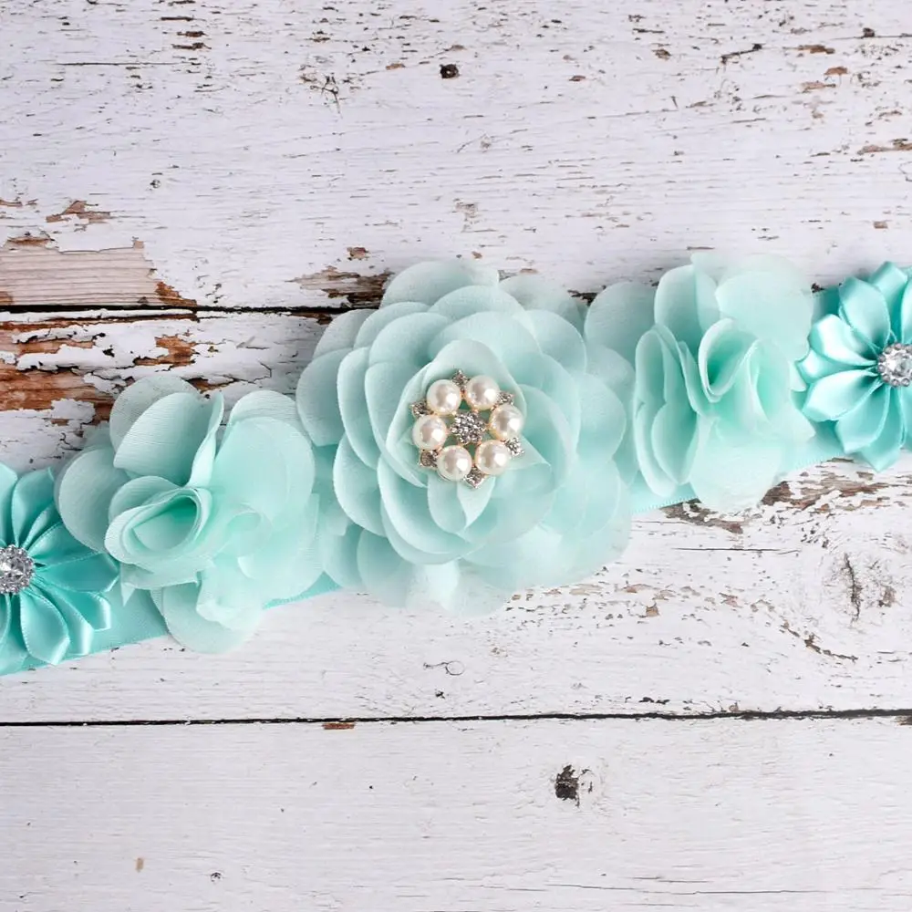 

Maternity Sash Aqua Flower Sash Pregnancy Belly Belt Photo Props Gift Baby Shower Party Sash Flower Girl Belt 3 Yards