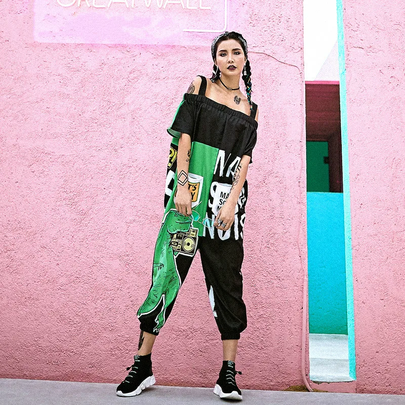 

Женский комбинезон в стиле хип-хоп с принтом динозавра из мультфильма, свободный размер, без рукавов, мешковатые комбинезоны, уличная одежд...